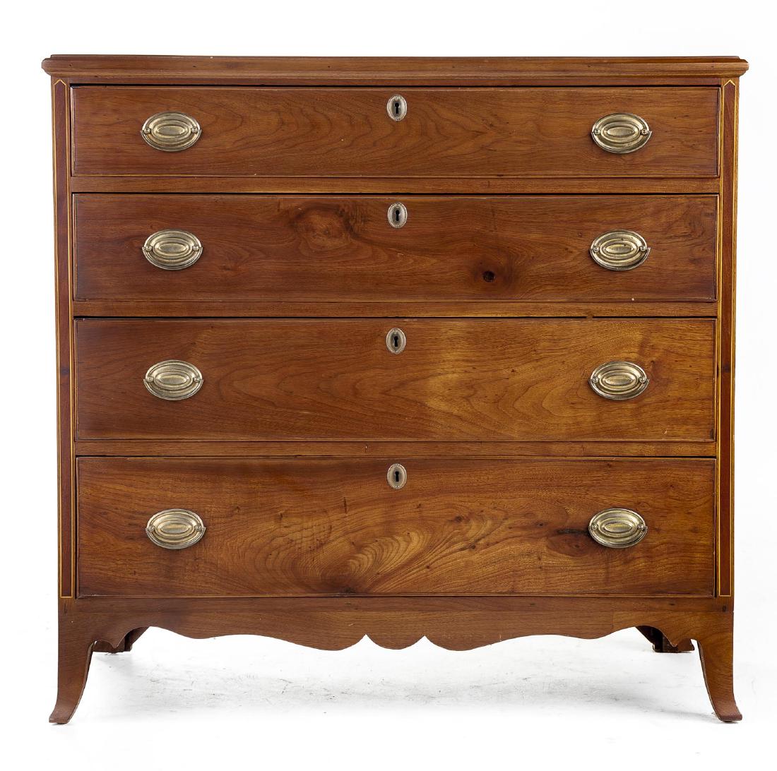 Hepplewhite Low Chest of Drawers: DESCRIPTION: American, probably Mid-Atlantic, Hepplewhite four drawer chest of drawers. Features French bracket feet with skirt and four graduated cock beaded drawers. The side chamfers with string in