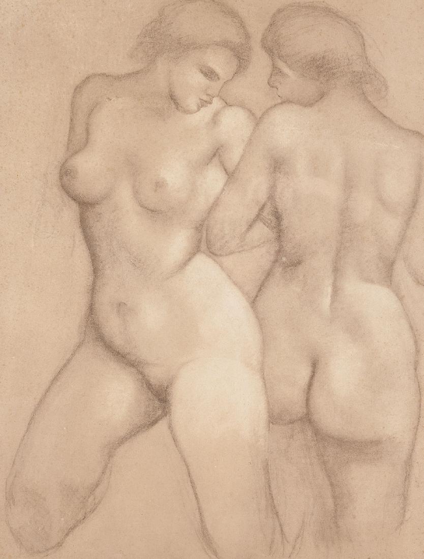 Aristide Maillol (French, 1861-1944): DESCRIPTION: Aristide Maillol (French, 1861-1944). Lithograph. Two nude females. Monogram in plate lower right. Matted in wood frame. Aristide Joseph Bonaventure Maillol was a French sculptor, painter