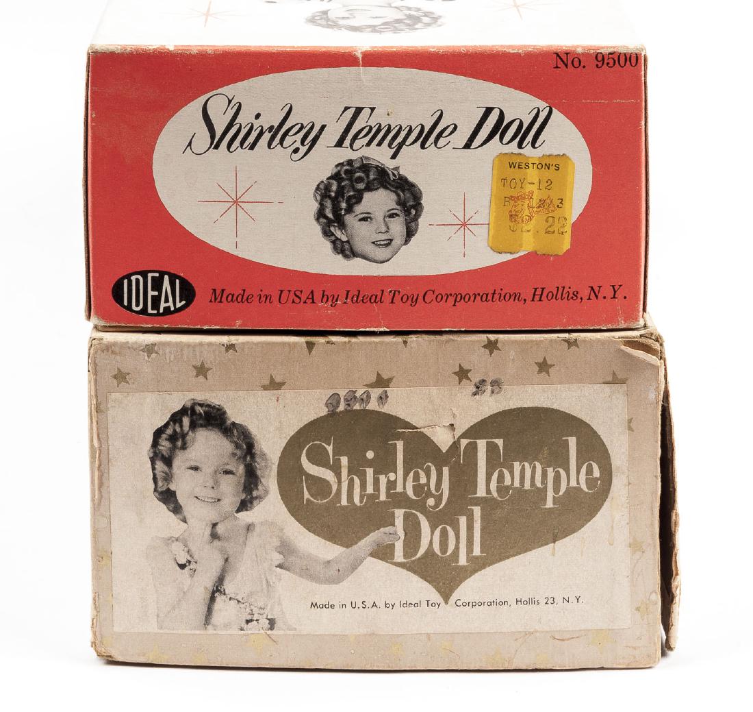 2 Shirley Temple Dolls in OBs: DESCRIPTION: Two Ideal Shirley Temple vinyl dolls in original boxes. Includes: 1) Shirley Temple doll with socket head with five-piece jointed body. Sleepy eyes. Open mouth with upper teeth. Dress wit