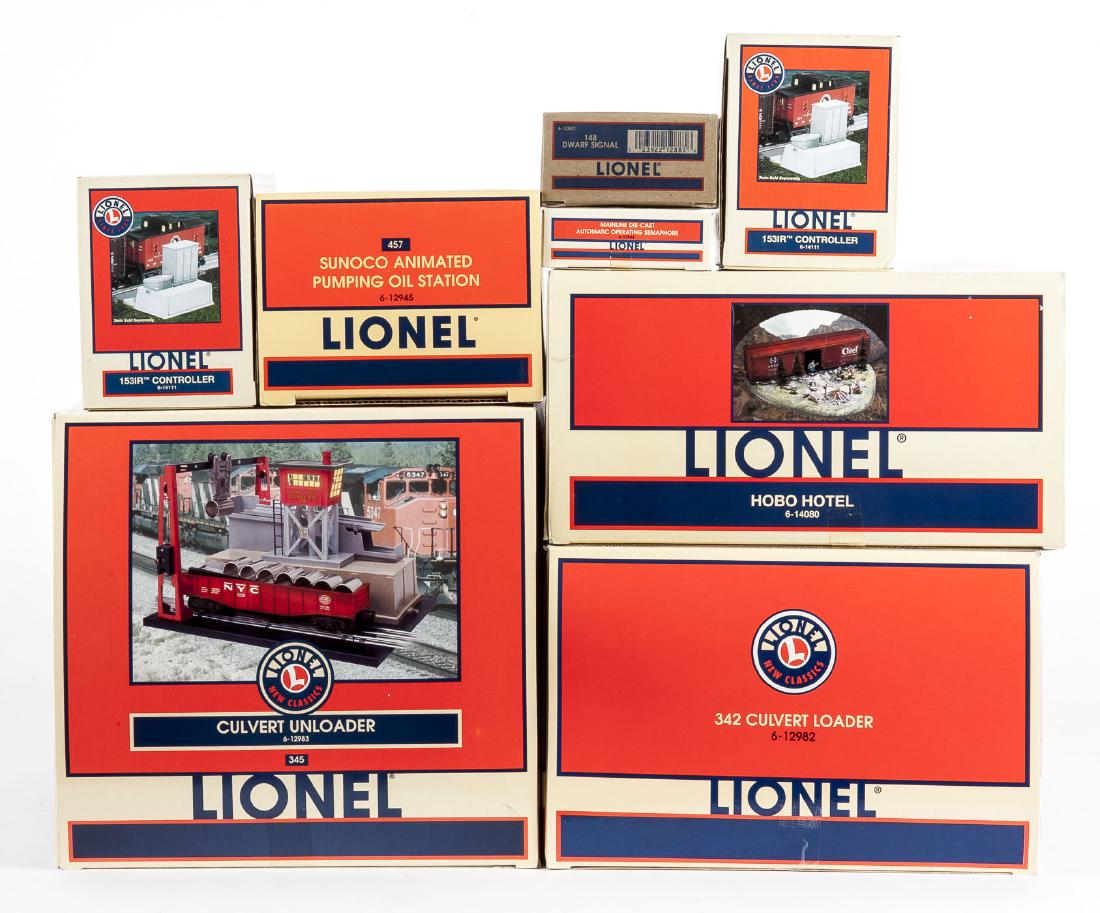 8 Lionel O Scale Buildings & Accessories in OBs: DESCRIPTION: Eight Lionel O scale buildings and accessories in original boxes. Includes 345 culvert unloader 6-12983, 342 culvert loader 6-12982, hobo hotel 6-14080, 457 Sunoco animated pumping oil st