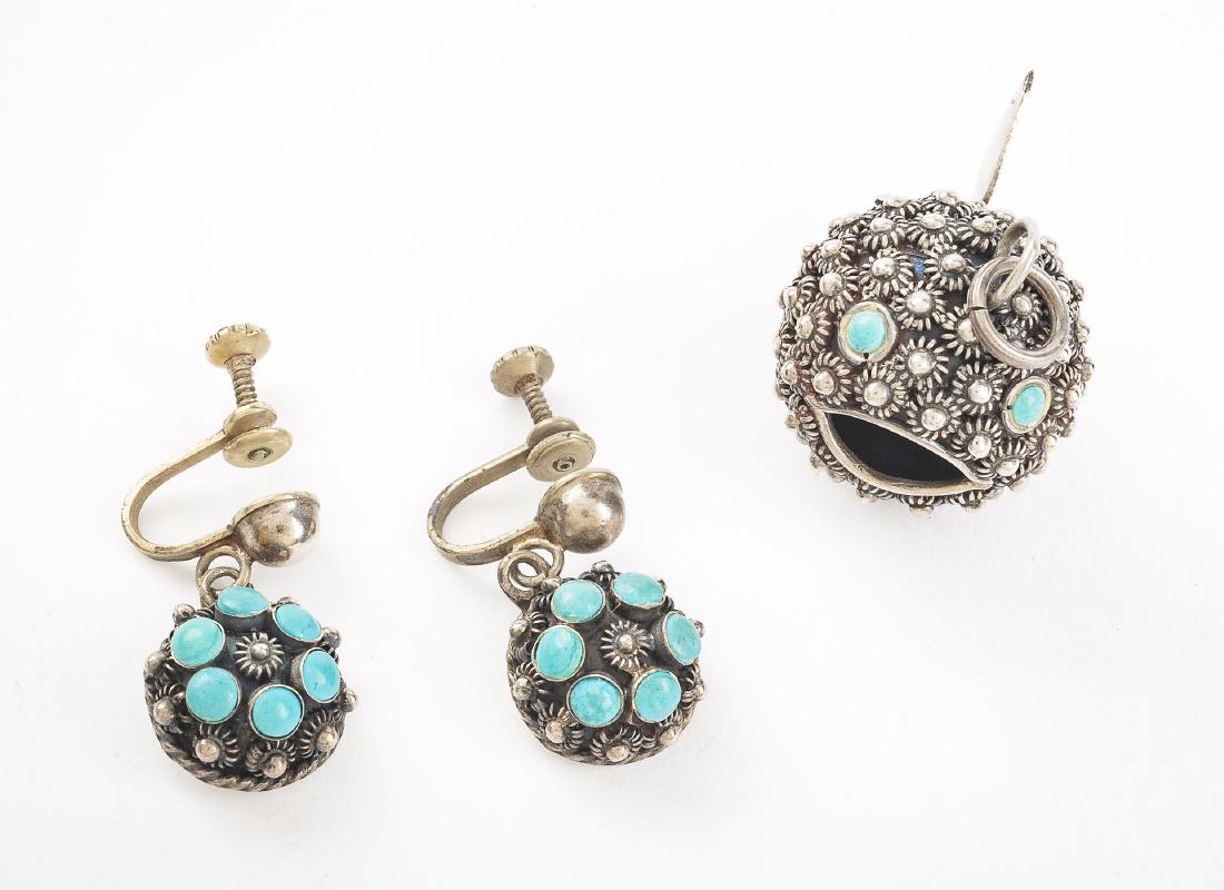 Mexican Sterling Pendant & Earrings: DESCRIPTION: Mexican sterling and turquoise blowfish pendant and pair matching screwback earrings. Each stamped "Mexico 925 TCC". MEASUREMENTS: Pendant 1" x 1-3/8". Earrings 1-1/8". CONDITION: Light w