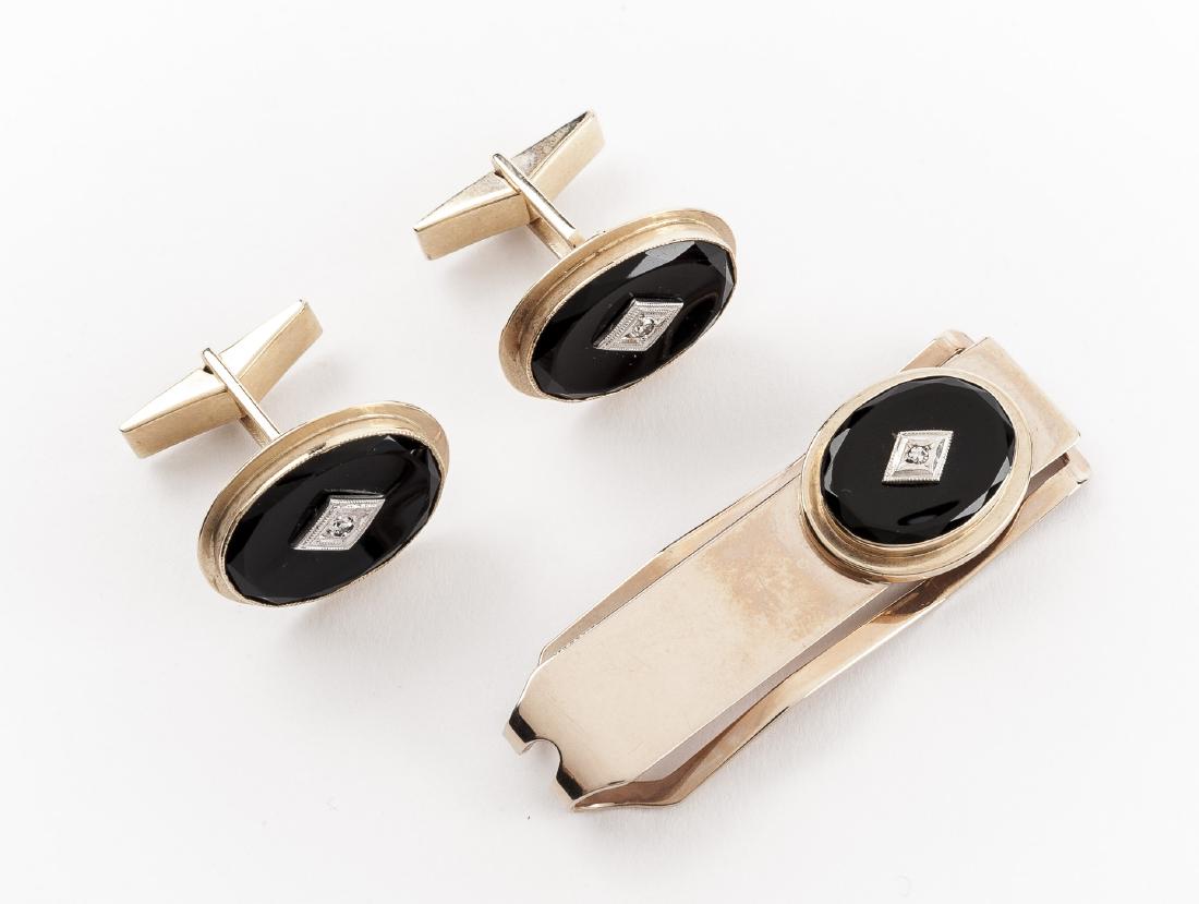 10K Onyx & Diamond Cufflinks and Tie Bar (1 of 2)