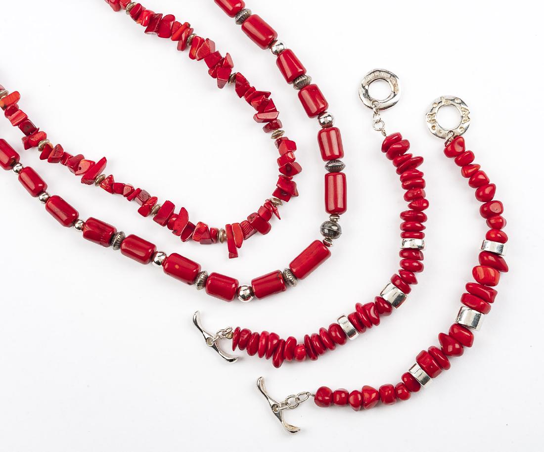4 Pcs Red Hardstone Jewelry incl RLM: DESCRIPTION: Two red hardstone necklaces and two sterling and red hardstone bracelets signed RLM, for Robert Lee Morris. MEASUREMENTS: Necklaces 24" to 26". Bracelets each 7". CONDITION: No defects no