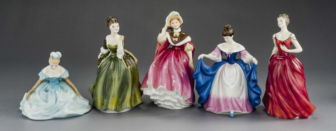 5 Royal Doulton Porcelain Figurines: DESCRIPTION: Five Royal Doulton porcelain figurines. Includes "Fleur" H.N. 2368, "Sara" H.N. 4720, "Innocence" H.N. 2842, "Debutante" H.N. 2210, and "Sunday Morning" H.N. 2184. MEASUREMENTS: Various, 