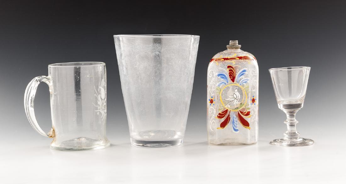 4 Pcs Stiegel Type Early American Blown Glass: DESCRIPTION: Four pieces of Stiegel type early American blown glass. Includes: 1) Clear glass cologne bottle with polychrome floral and dove decoration on all sides. With pewter collar. 6-1/2" high. 2