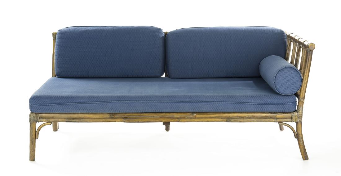 McGuire Loveseat in Blue: DESCRIPTION: McGuire loveseat. Wrapped bamboo frame with dark blue upholstered seat and back cushions. Features one side arm and matching bolster pillow. MEASUREMENTS: 69-1/2" wide x 31" deep x 31" hi