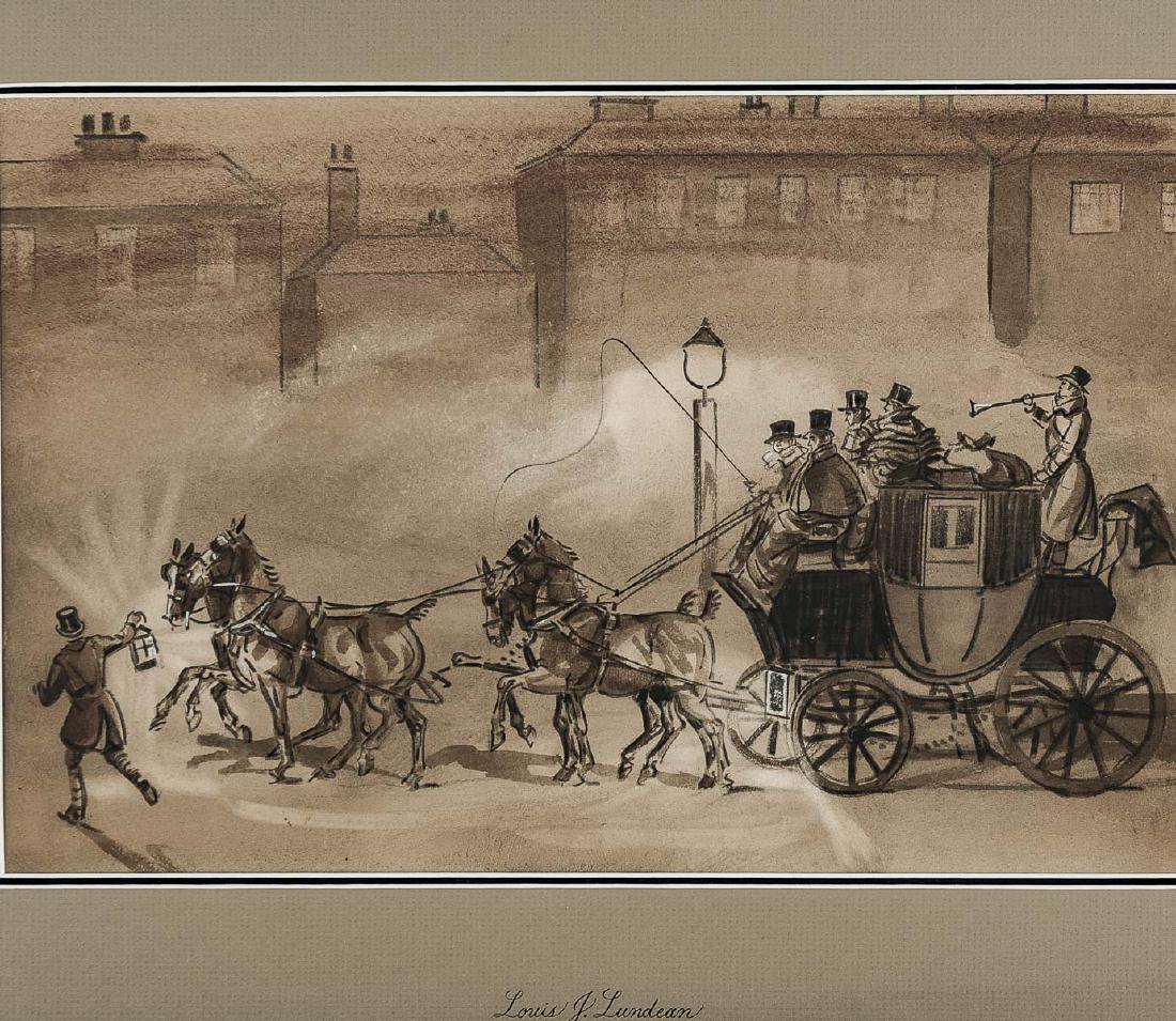 Louis Lundean (American, 1894-1961): DESCRIPTION: Louis Lundean (American, 1894-1961). Charcoal drawing on paper. A coach with four horses on city lane. Louis Lundean is noted for illustration. Labeled on mat. Double matted in black and