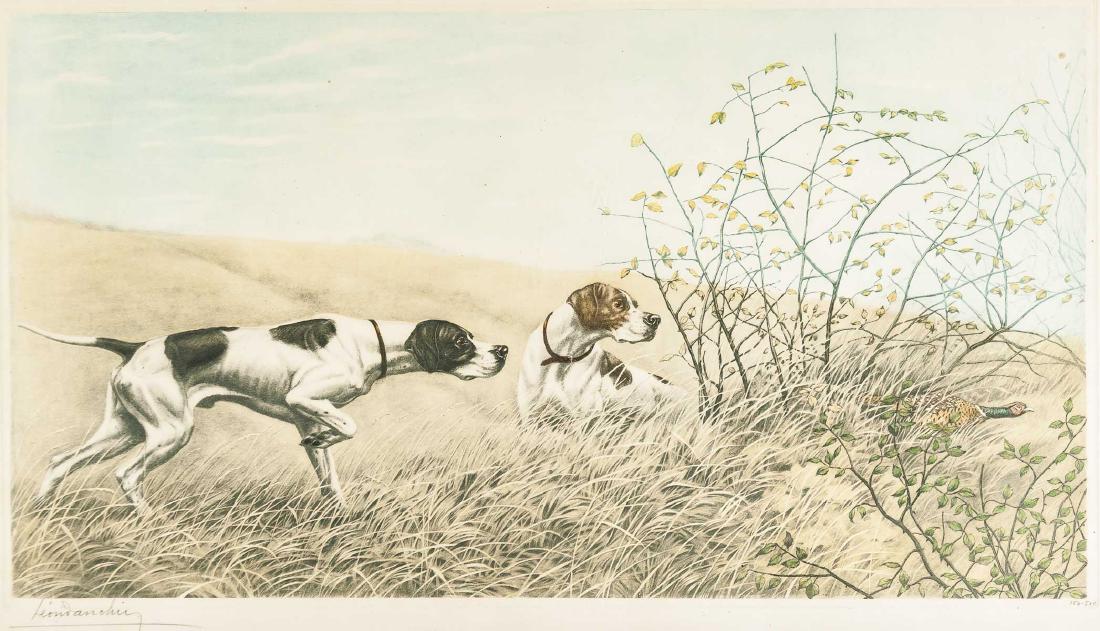 Leon Danchin (American/French, 1887-1938): DESCRIPTION: Leon Danchin (American/French, 1887-1938). Hand colored etching. Two hunting dogs spotting a pheasant. Pencil signed lower left. Numbered 154/500 lower right. In wood frame. MEASUREMENTS: