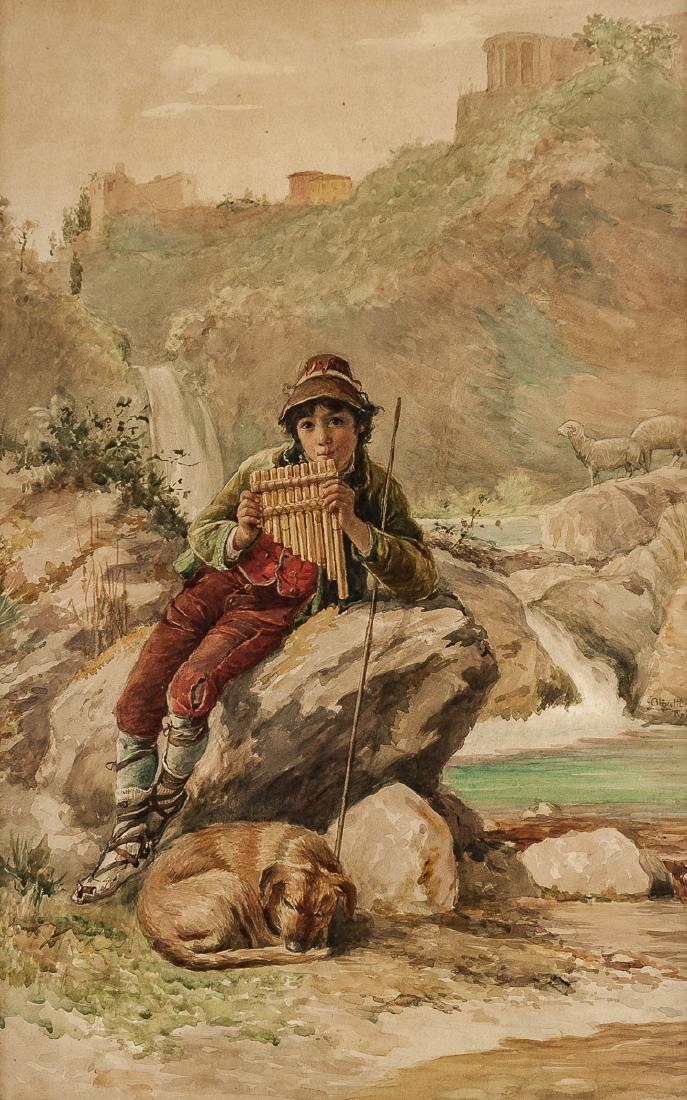Luigi Olivetti (Italian, 1856-1941): DESCRIPTION: Luigi Olivetti (Italian, 1856-1941). Watercolor on paper. Boy playing pan flute. In ornate gilt gesso frame. MEASUREMENTS: 13-1/2" x 21-1/2". Overall with frame 25" x 33". CONDITION: Loss