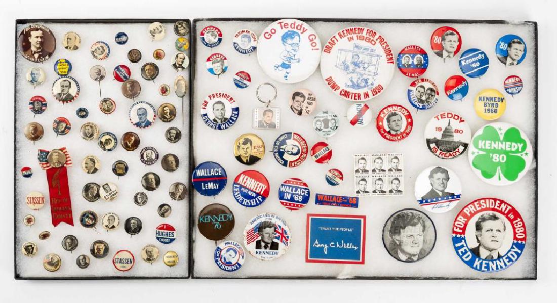 93 Political Pinbacks Incl Taft, Coolidge, Harding: DESCRIPTION: Ninety-three political pinbacks. Candidates include, but are not limited to: Roosevelt, Taft, Harding, Coolidge, Stassen, Olmsted, Pinchot, Kennedy, and Wallace. MEASUREMENTS: Cases 12-1/