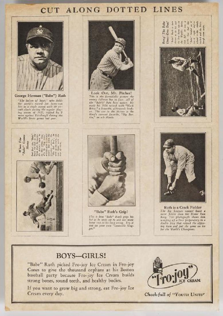 Fro-Joy Babe Ruth Unut Card Set: DESCRIPTION: Fro-Joy ice cream Babe Ruth cut-apart card set. Six uncut cards on cardboard sheet. In double sided frame. MEASUREMENTS: 8" x 11-1/2". Overall in frame: 12" x 15". CONDITION: Toning. Crea