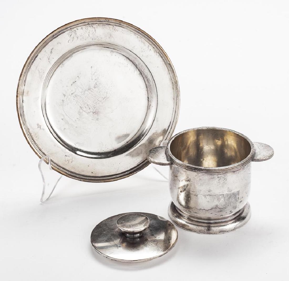 2 Silverplate Railroad Table Articles Incl B&O: DESCRIPTION: Two silverplate railroad articles. Includes: 1) New York Central lidded sugar bowl. Marked to bottom "NYC" With International Silver stamp. 3-1/4" diameter x 4" high. Surface wear. 2) Bal