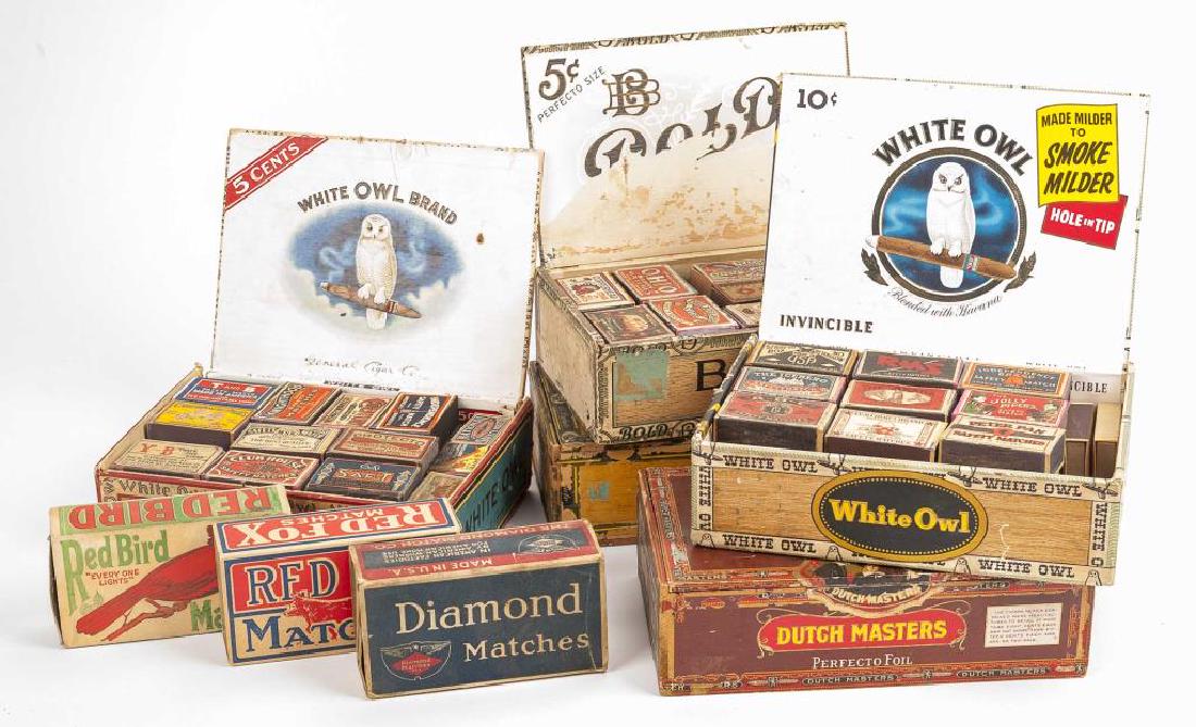 173 Safety Match Containers: DESCRIPTION: Approximately 173 safety match boxes. Brands include, but are not limited to: Vulcan, Tree Stars, Ideal, Diamond, and Imatra. MEASUREMENTS: Various. CONDITION: Matches have been removed.