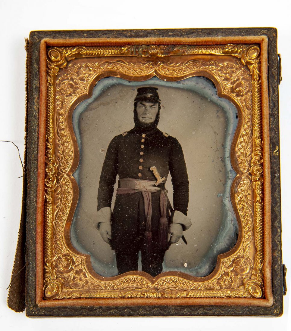 19th Century Civil War Officer Ambrotype: DESCRIPTION: Original era manufactured item. 1/6 plate. Ambrotype of a second lieutenant wearing an officer’s red silk sash. Solider is unidentified. MEASUREMENTS: 2-3/4” x 3-1/4”. CONDITION: Go