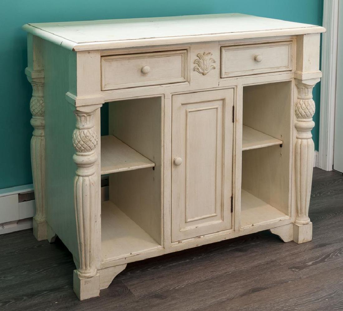 Kitchen Island: DESCRIPTION: Country style kitchen island. MEASUREMENTS: 40" x 24" x 35" high. CONDITION: Top with wear, losses to paint.