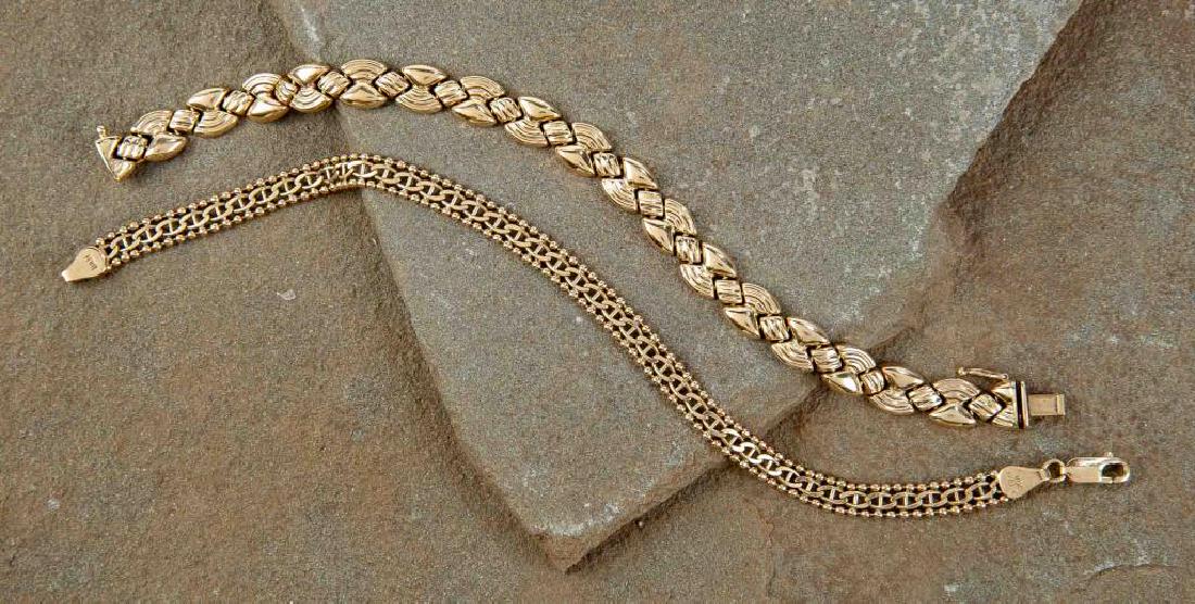 2 14K Link Bracelets: DESCRIPTION: Two 14k Italian fancy link bracelets. MEASUREMENTS: 12.6 dwt (19.6 grams), 7" and 7-1/2" long. CONDITION: No defects noted.