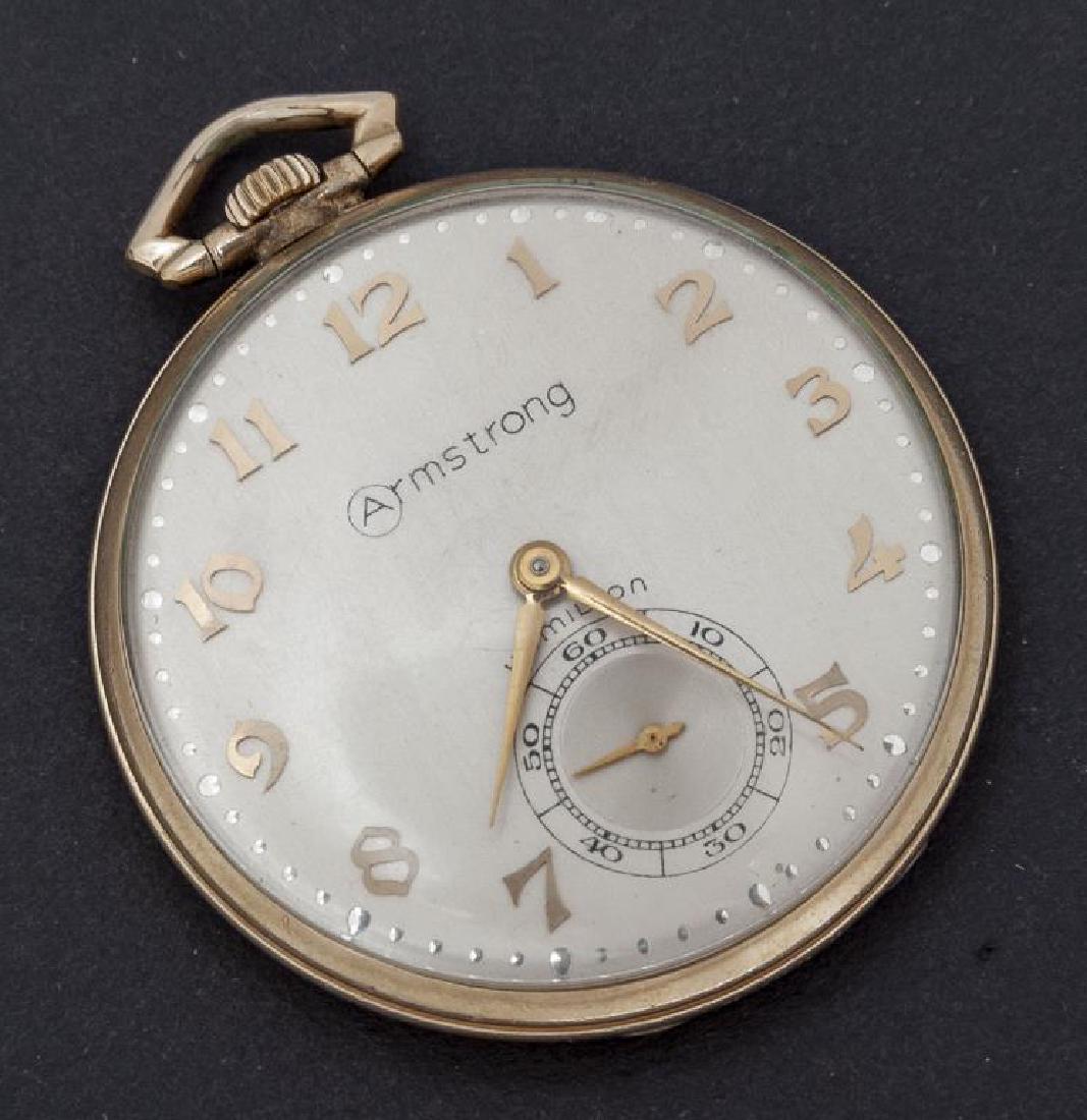 Hamilton 23J Retirement Pocketwatch: DESCRIPTION: Hamilton 23 jewel pocketwatch. Armstrong retirement. Engraved to back "Thomas Middleton, A Quarter Century of Service, 1960". 10k goldfilled case. CONDITION: Running, starts and stops.