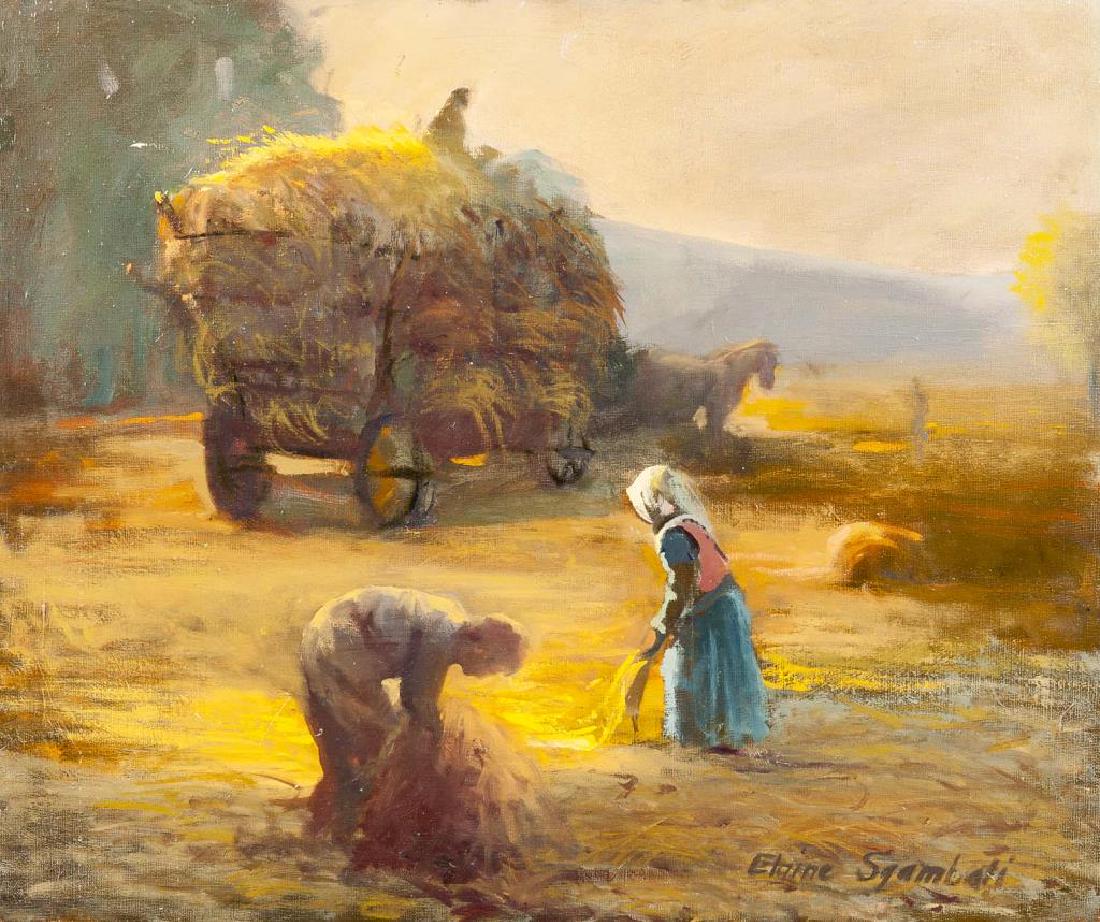 Elaine Sgambati (American, 20th Century): DESCRIPTION: Elaine Sgambati (American, 20th century). Oil on canvas. Hay gatherers. Signed lower right. In gilt and gesso frame. MEASUREMENTS: 23-5/8" x 19-3/4". Overall with frame 34-1/4" x 30-1/4" 