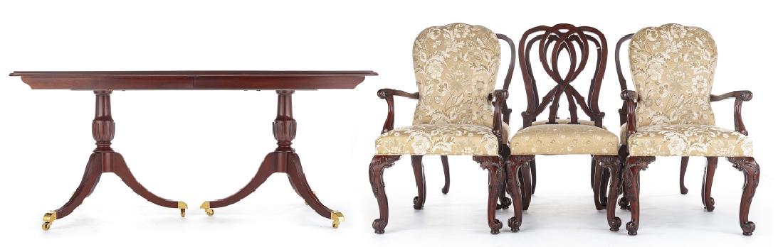 Harden Table & 6 Henredon Chairs: DESCRIPTION: Mid 20th century Hardenl pillar central table with additional extension leaves. Includes six Henredon side chairs. Two chairs with arm over upholstered. Four chairs with wooden arms. The