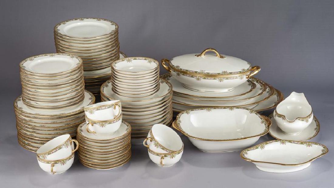 97 Pcs Vignaud Limoges China Dinner Service: DESCRIPTION: Ninty-seven pieces Vignaud Limoges china in the VIG94 pattern. Marked on bottom "Vignaud Limoges". Includes twelve 9-5/8" dinner plates, eleven 8-1/4" salad plates, twelve 7-3/8" dessert