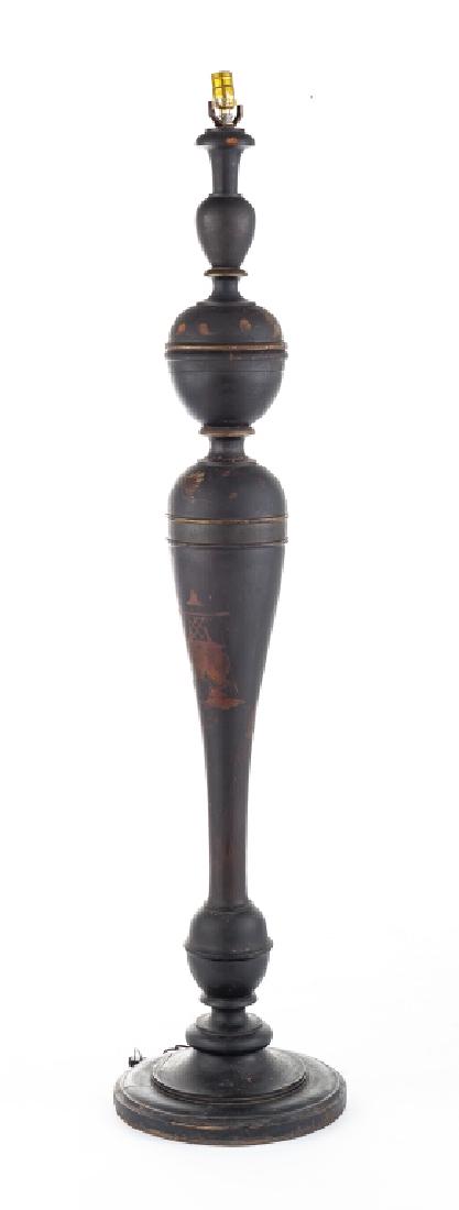 Edwardian Floor Lamp: DESCRIPTION: Edwardian late 19th or early 20th century turned shaft floor lamps with painted decoration in the Chinese taste. MEASUREMENTS: 14-3/4” x 14-3/4” x 63”. CONDITION: Wear and crackle o