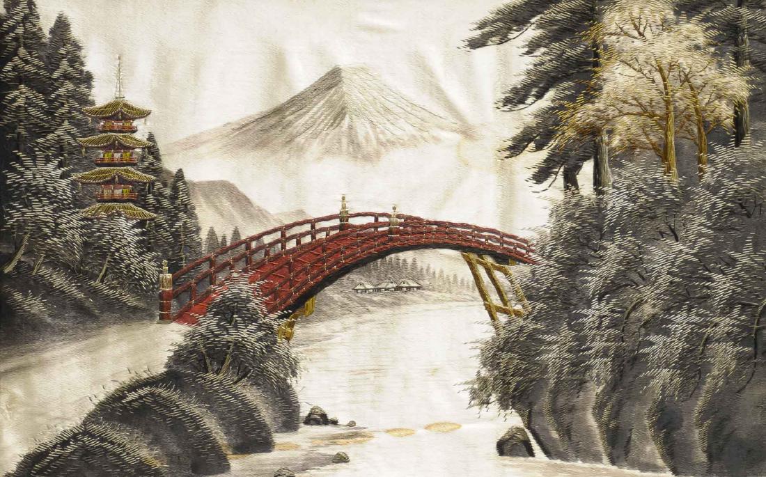 Asian Needlepoint of Bridge: DESCRIPTION: Asian needlepoint of a bridge framed. MEASUREMENTS: 40" x 28" with frame.