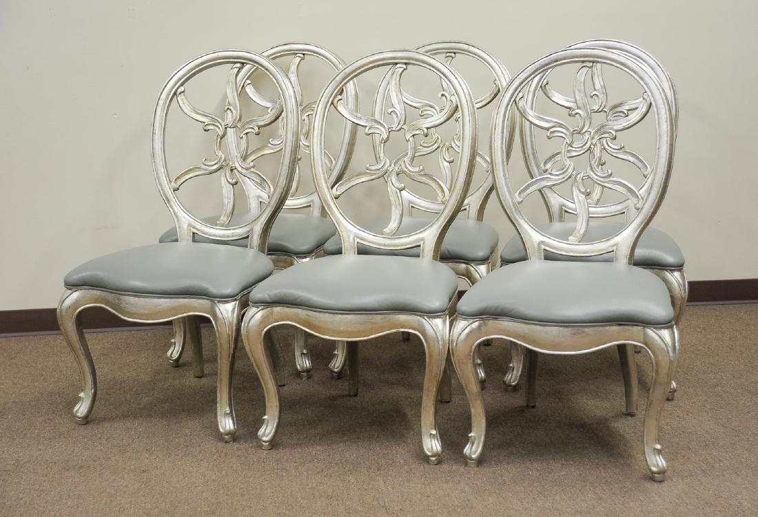 6 Henredon Chairs: DESCRIPTION: 6 Henredon silver chairs with leather seats. MEASUREMENTS: 23" x 20-1/2" x 42-1/2".