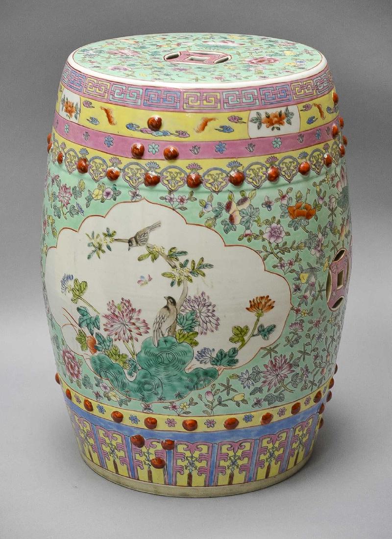 Asian Porcelain Garden Seat: DESCRIPTION: Asian porcelain garden seat. MEASUREMENTS: 14" diameter x 19-1/2".