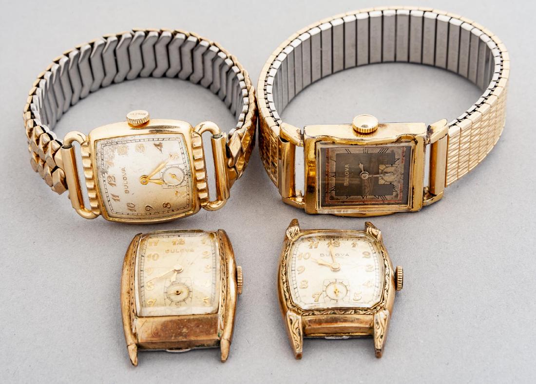 4 Vintage Bulova Wristwatches: DESCRIPTION: Four vintage Bulova wristwatches. MEASUREMENTS: Largest 1-1/2" x 1". CONDITION: All running, start and stop.