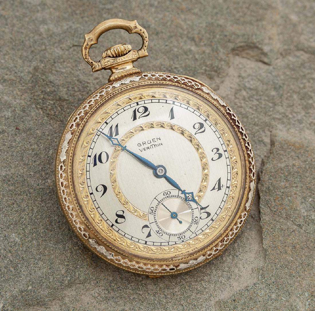 Gruen VeriThin Pocketwatch: DESCRIPTION: Gruen VeryThin pocketwatch. 17 jewel. Serial number 611849. Goldfilled case. MEASUREMENTS: 17 lignes. Case 3" x 3-3/4" x 1". CONDITION: Running. In original box.