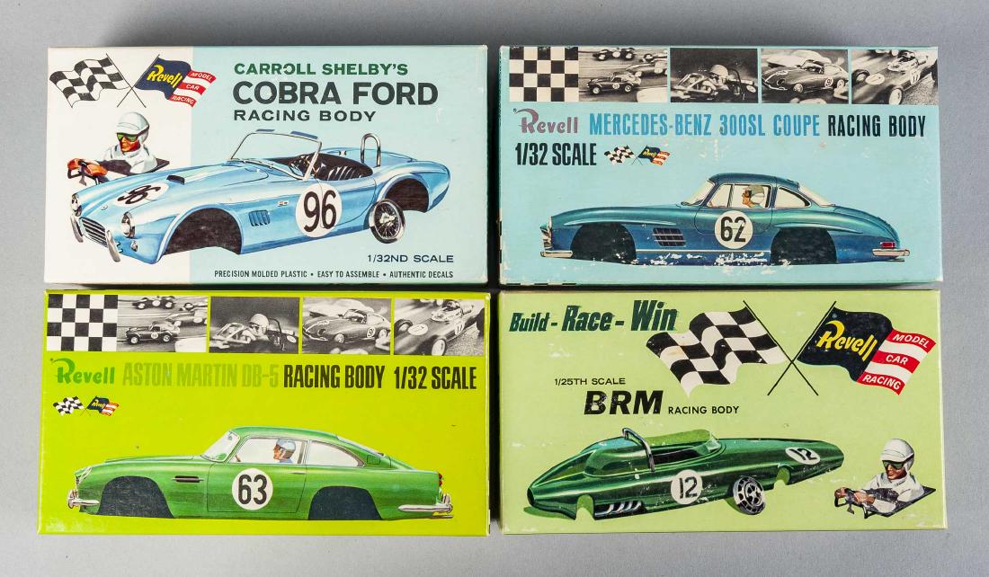 4 Revell Racing Body Kits Incl Cobra Ford: DESCRIPTION: Four vintage unbuilt Revell racing body kits in original boxes. Includes: 1) 1/25 scale BRM Racing body R-1022:200. 2) 1/32 scale Carol Shelby's Cobra Ford R-3200:100. 3) 1/32 scale Merce