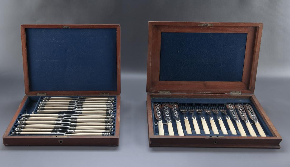 2 19th C Silver & Faux Ivory Utensil Sets in Cases: DESCRIPTION: Two silver and faux ivory utensil sets in cases. Includes: 1) Twelve piece English silverplate fish set. Marked "W.B. & S. EP". Includes six 9-1/4" fish knives and six 7-3/4" fish forks.