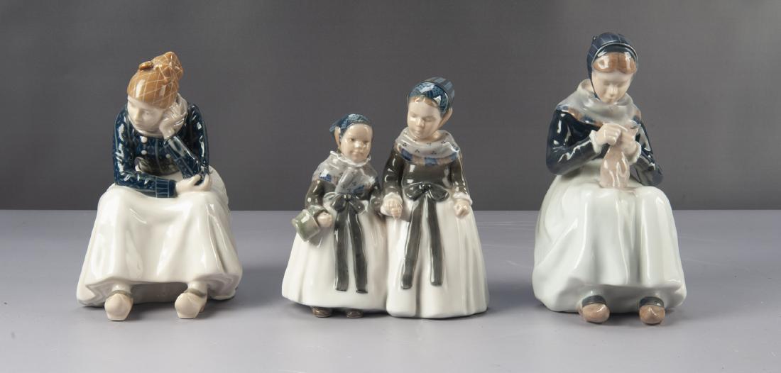 3 Royal Copenhagen Bing & Grondahl Figurines: DESCRIPTION: Three Royal Copenhagen Bing & Grondahl porcelain figurines. Each with glazed finish and marks to bottoms. Includes 1324 "Seated Woman", 1317 "Woman Knitting", and 1316 "Armager Girls". ME