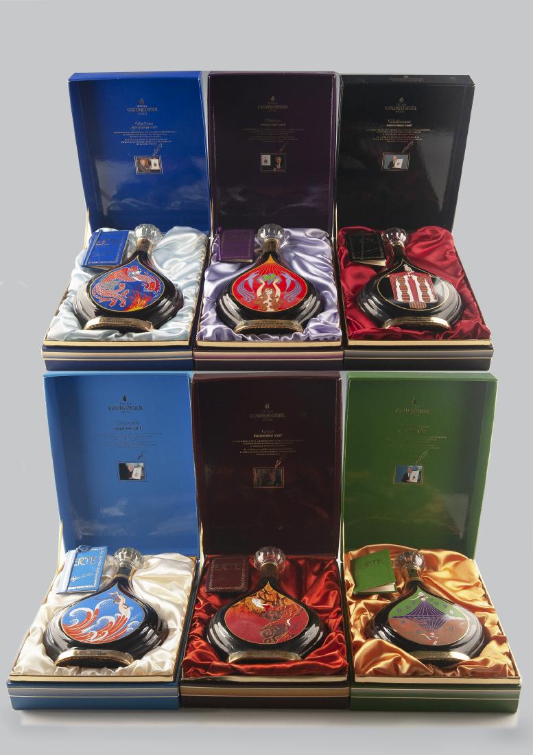 6 Pcs Courvoisier Cognac Erte Collection Nos. 1-6: DESCRIPTION: IMPORTANT NOTE: Must be picked up at Cordier Auction House. Shipping not available. Six pieces of the Courvoisier Erte Collection of Cognac. Includes No. 1 - Vigne, No. 2 - Vendanges, No.
