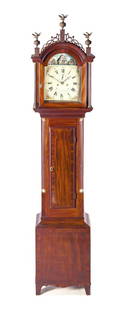 Simon Willard Rocking Ship Tall Case Clock: DESCRIPTION: Simon Willard rocking ship tall case clock. Mahogany case with rectangular bottom and door flanked by fluted quarter columns with brass ends all on French feet. Hood with free standing co