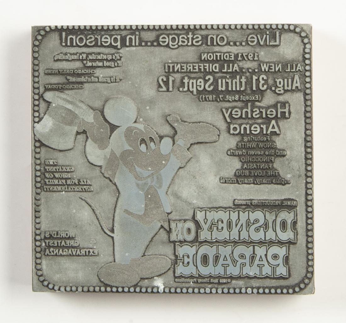 1971 Disney on Parade Printing Plate: DESCRIPTION: Printing plate for the advertisement for Disney on Parade August 31 through September 2, 1971 at the Hershey Arena. Metal plate on wood block. Parade featured Snow White, Pinocchio, Fanta