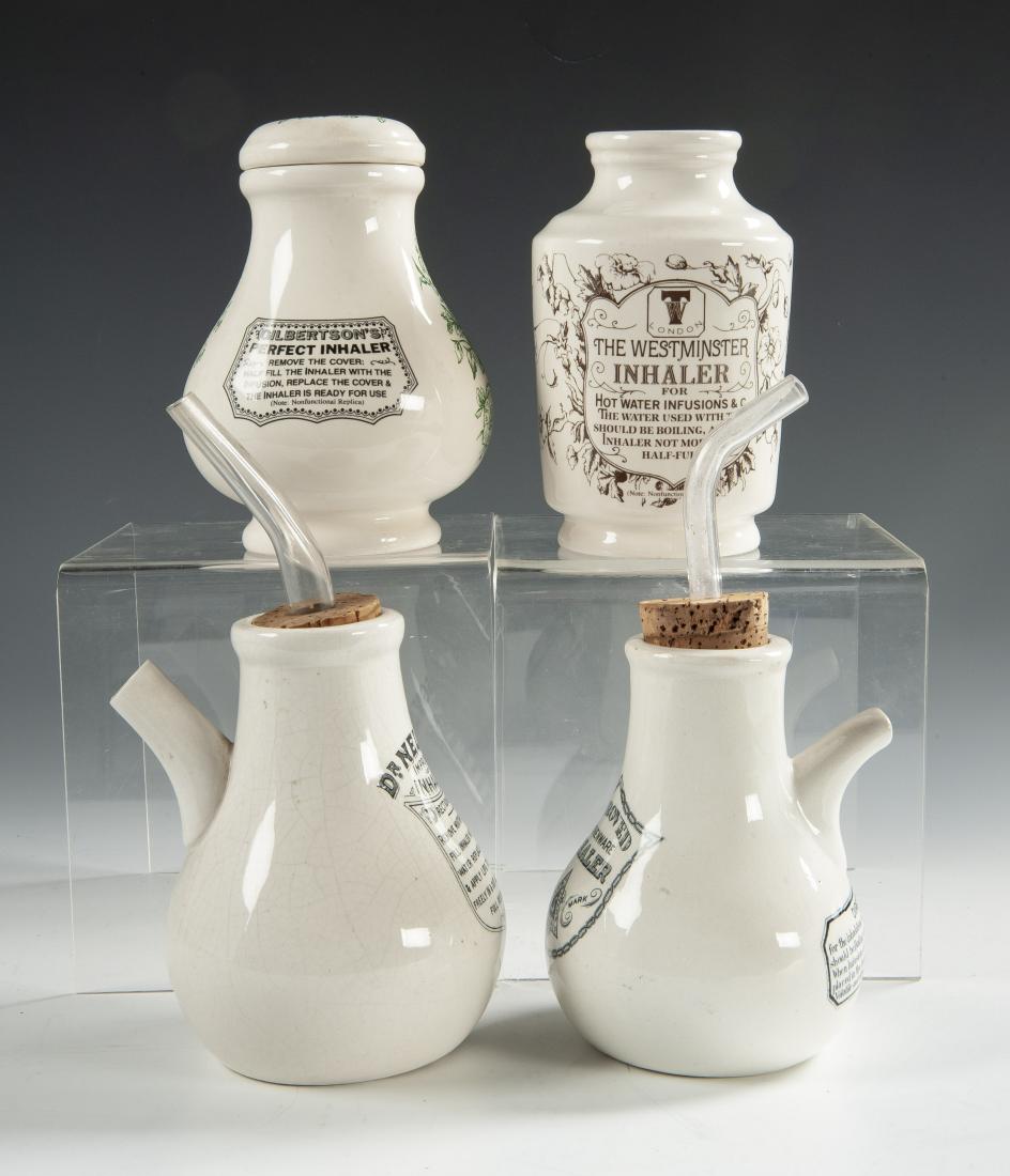 4 Ceramic Inhalers: DESCRIPTION: Four ceramic inhalers including Gilbertson's, Westminster, Savars, and Doctor Nelsons. MEASUREMENTS: Each approx. 6" high. CONDITION: Good.