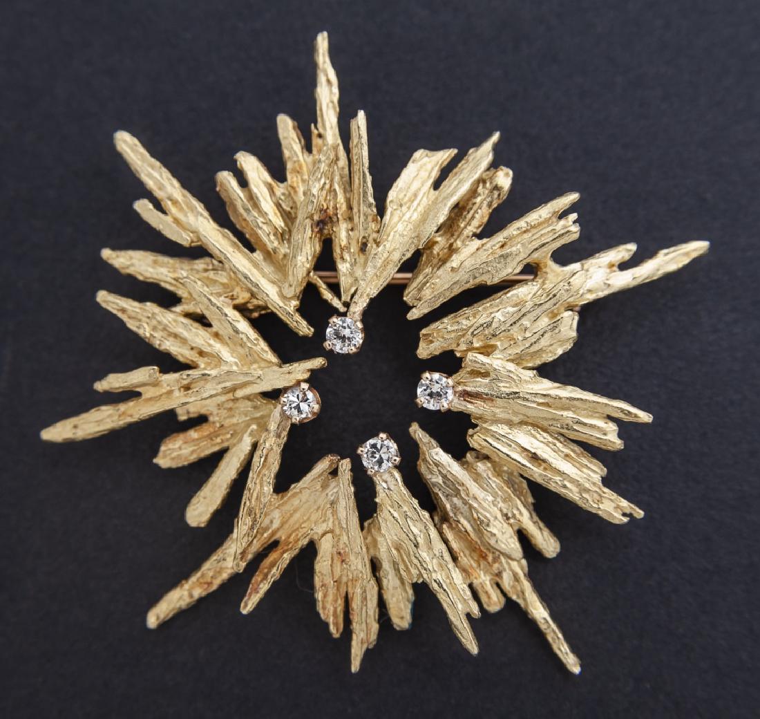 Ed Wiener 18K Diamond Brooch: DESCRIPTION: Ed Wiener (1918-1991) designed modernist brooch, tested 18k and set with four round brilliant cut diamonds, .20 CTW (Clarity SI2, Color G-H). PROVENANCE: Per consignor, this piece was ori