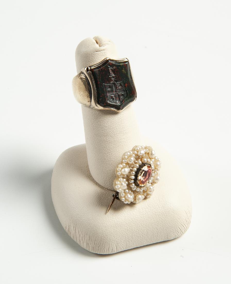 Gold and Agate Signet Ring and Pearl Pin (1 of 3)