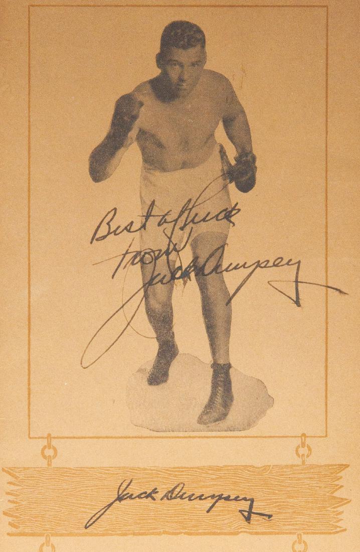 Jack Dempsey (1895-1983) American Boxer Autograph: DESCRIPTION: Jack Dempsey (1895-1983) American Boxer, World Heavyweight Champion 1919-26 framed autograph. Printed menu from Dempsey's Broadway Bar & Cocktail Lounge restaurant in New York. Signed by