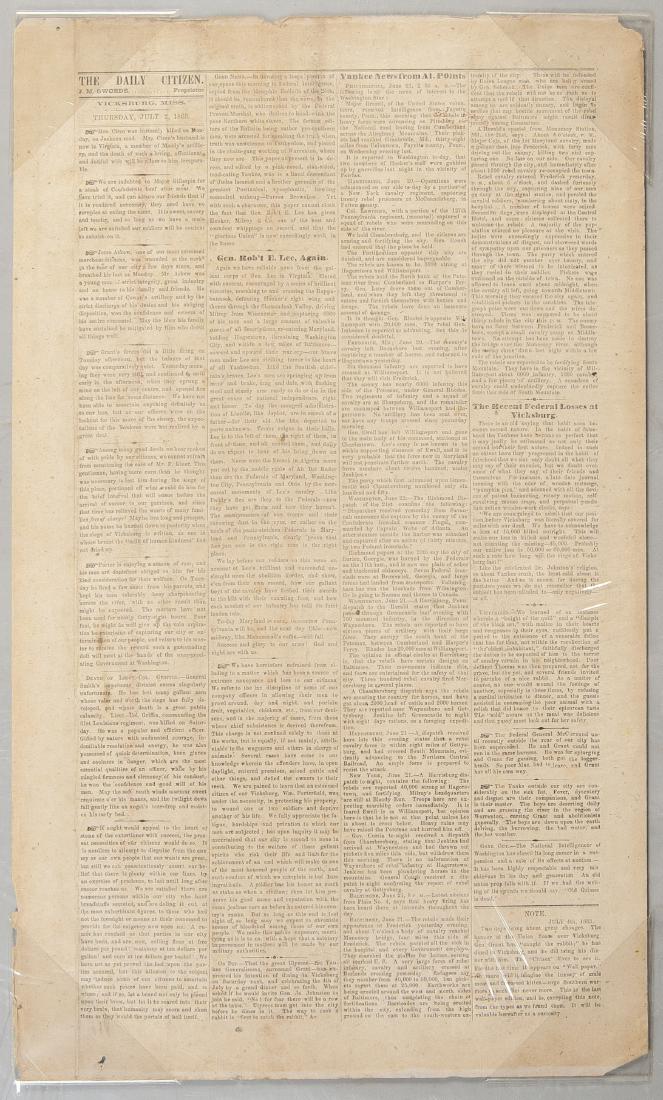 July 2, 1863 Daily Citizen Front Page on Wallpaper: DESCRIPTION: The Daily Citizen front page. J.M. Swords, proprietor. July 2, 1863. Vicksburg, Miss. Articles includes "General Robert Lee, Again", "Yankee News from AL. Points", and "The Recent Federal
