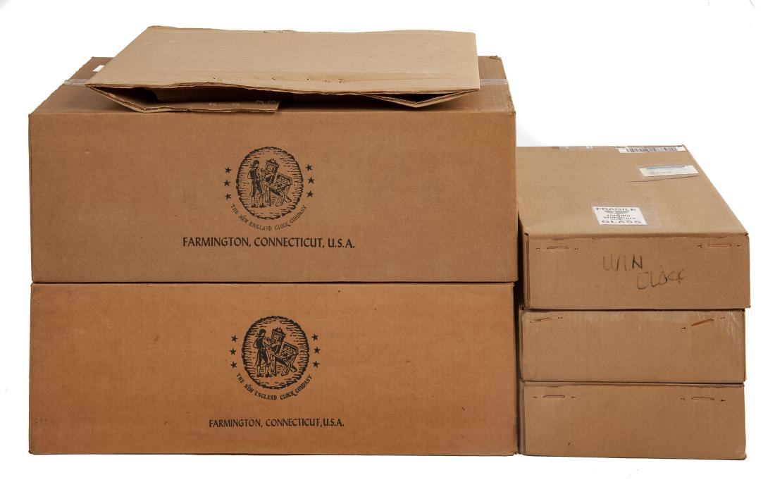 6 Winchester Clocks in OBs: DESCRIPTION: Six Winchester wall clocks in original boxes. Includes: 1) Two Model No. 910 pendulum clocks. By The New England Clock Company. In wood frame with glass window. Face with Arabic numerals