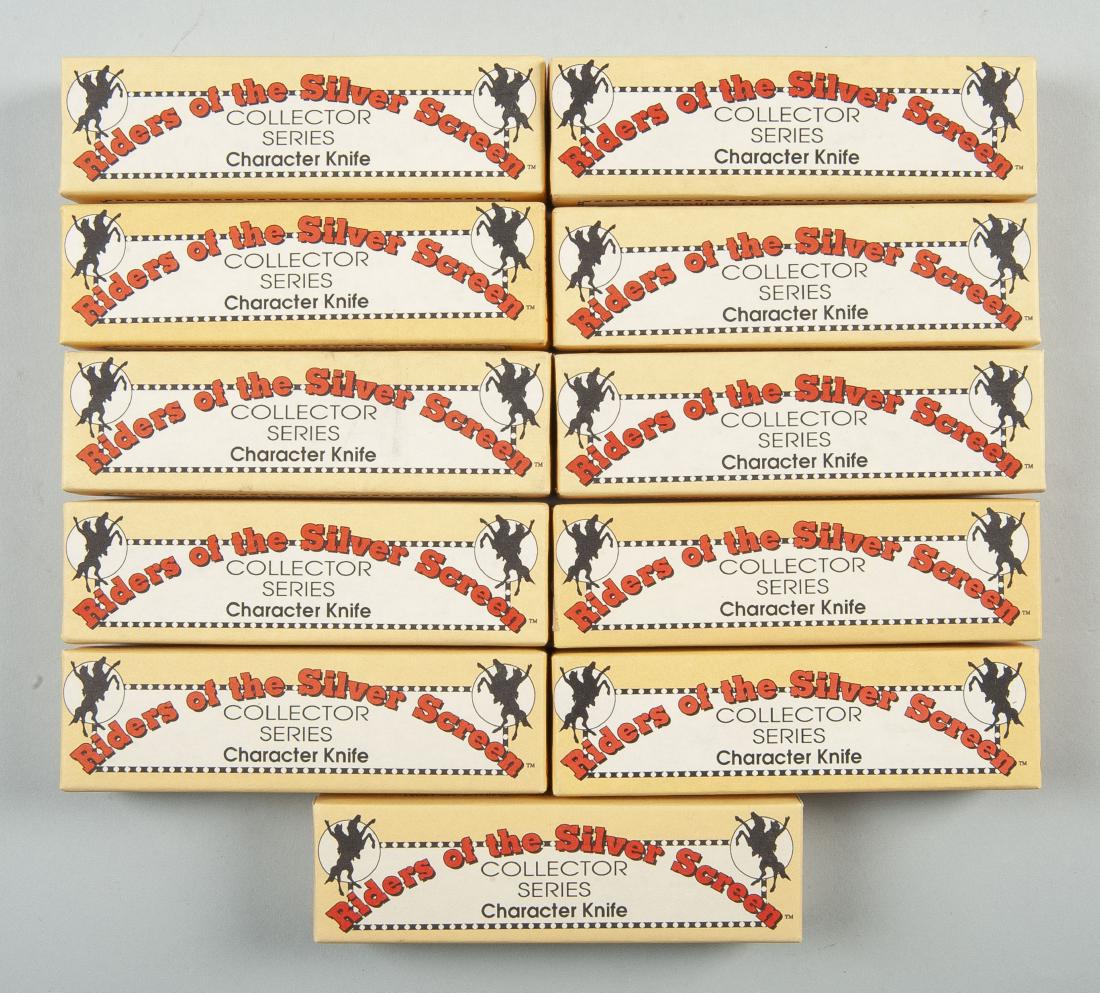10 Riders of the Silver Screen Character Knives: DESCRIPTION: Ten Riders of the Silver Screen collector series character knives inoriginal boxes. Includes CM8000 Hopalong Cassidy, CM8001 Tim Mix, CM8002 Tonto, CM8003 Red Ryder, CM8004 LIttle Beaver,
