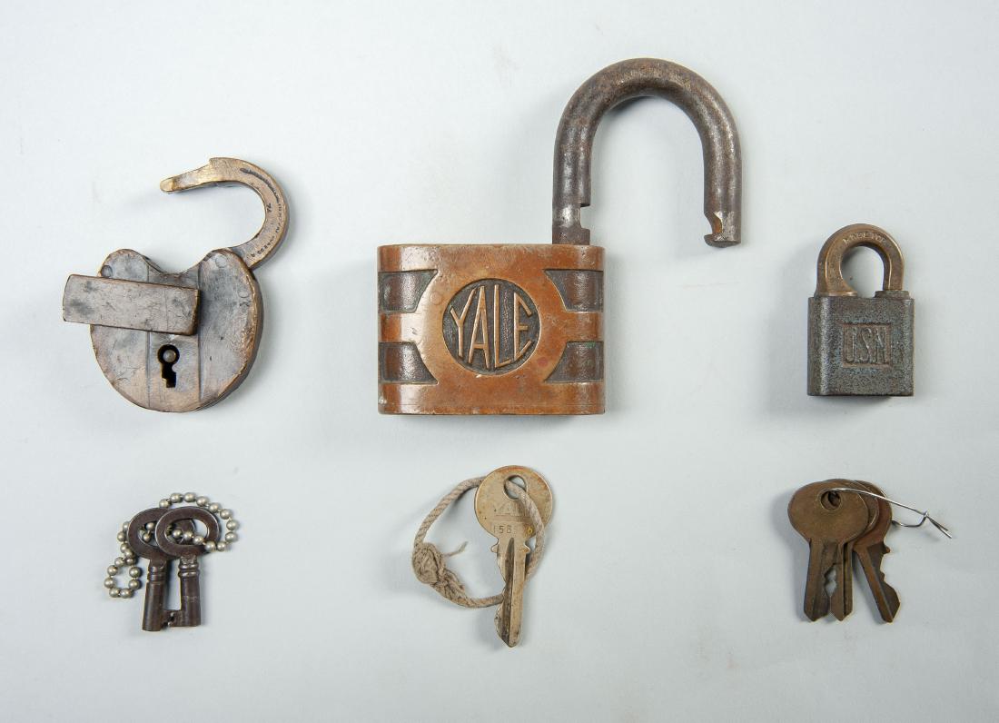 3 Brass Padlocks Incl Yale, C. 1930-40s: DESCRIPTION: Three brass locks with keys. Circa 1930s-1940s. Includes large Yale & Towne Manufacturing Co. lock, small Yale lock marked "Made for U.S.N." and antique lock with partially legible Bohann