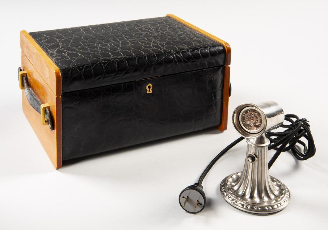 Leather Cigar Humidor with Candessa Lighter: DESCRIPTION: Wood and leather cigar box humidor with Candessa lighter. Humidor exterior made of crocodile pattern leather and wood, leather handles, brass finishes, and green velvet bottom. Includes l