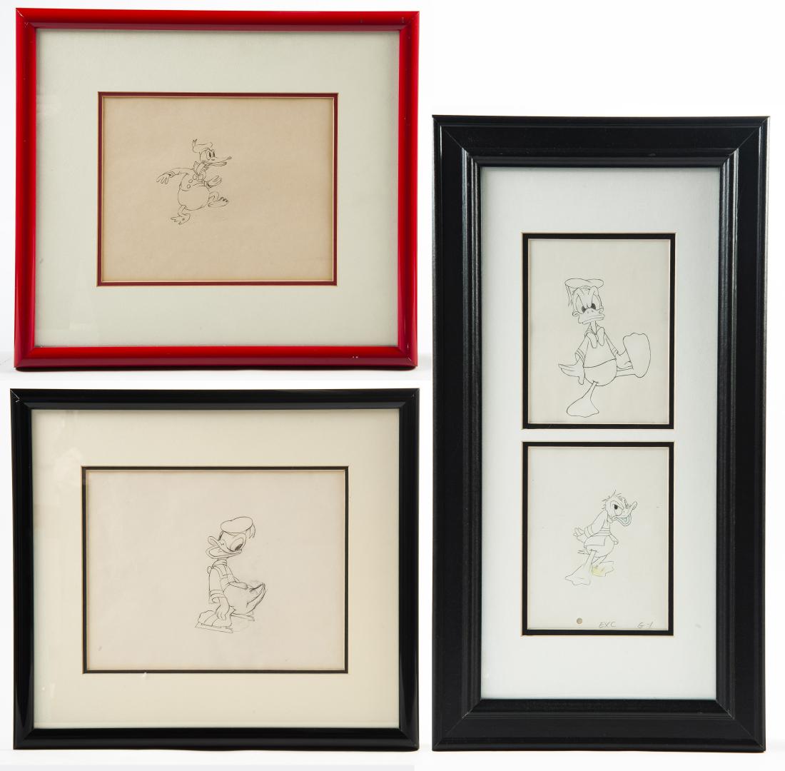 3 Framed Original Donald Duck Drawings: DESCRIPTION: Three original Donald Duck drawings. Includes: 1) Pencil drawing of long nose Donald Duck. Red plastic frame and white matting. Sight 11-1/2" x 9". Overall with frame 17-3/8" x 15-3/8" 2)