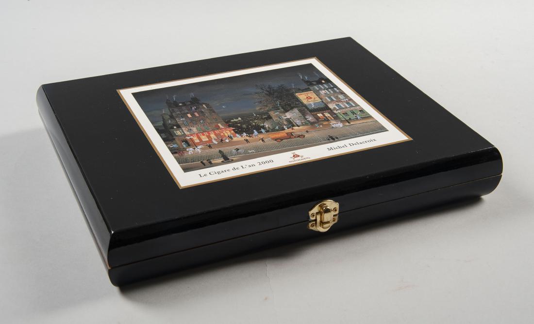 Limited Edition Box of Montecristo Cigars: DESCRIPTION: Limited Edition black lacquered box of twelve Montecristo cigars celebrating the year 2000. Artwork titled "Le Cigare de L'an 2000", by French painter Michel Delacroix, on top and inside