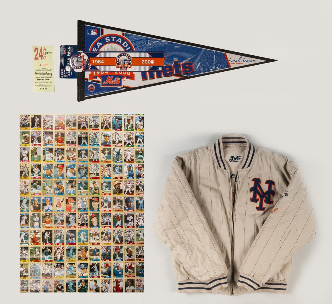 Mets Memorabilia and Sheet of Uncut Baseball Cards: DESCRIPTION: Collection of New York Mets memorabilia and uncut baseball cards. Includes: 1) 2008 Shea Stadium parking ticket. 3-/14" x 7". 2) Shea Stadium final season fan pack with original packaging
