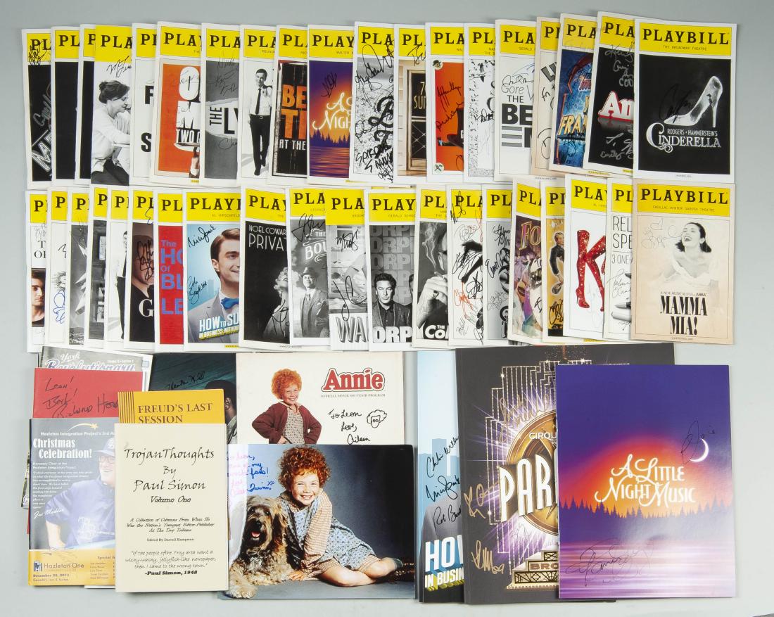53 Autographed Broadway Playbills & Photos: DESCRIPTION: Fifty-three autographed Broadway playbills and photographs. Includes The Sunshine Boys, Annie, The Gershwins' Porky and Bess, Curtains, The Columnist, Orphans, Waitress, The Trip to Bount