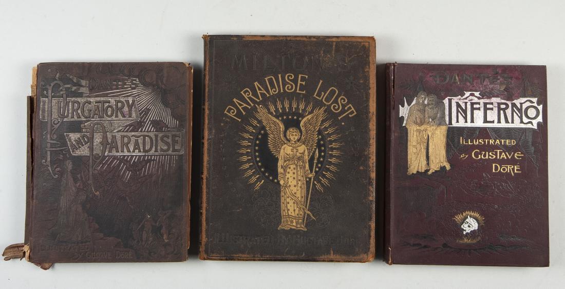 3 Books Illustrated by Gustave Dore: DESCRIPTION: Three collectors books illustrated by Gustave Dore. Includes: 1) "Dante's Inferno". Henry Francis Cary. John W. Lovell Company. 2) Dante's Purgatory and Paradise. Henry Francis Cary. Henr